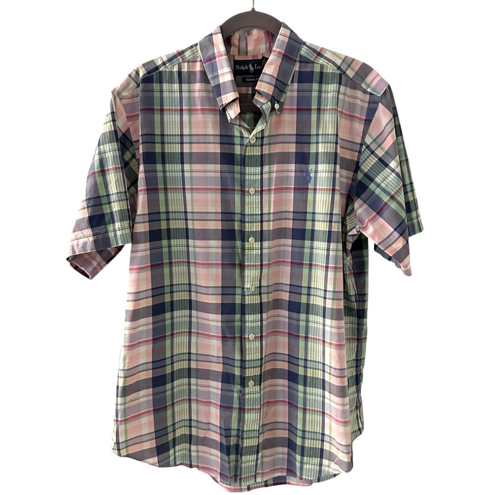 Ralph Lauren Classic Fit Pastel Pink,‎ Blue, Green Plaid Button Up Shirt Size L